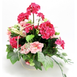 Wiązanka STROIK sztuczne PELARGONIE RÓŻOWE + mix kwiatów premium